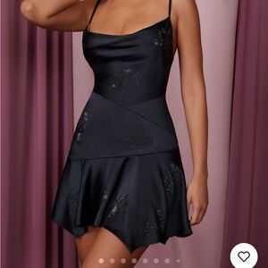 Oh Polly Cowl Neck Handkerchief Hem Mini
Dress in Navy Blue